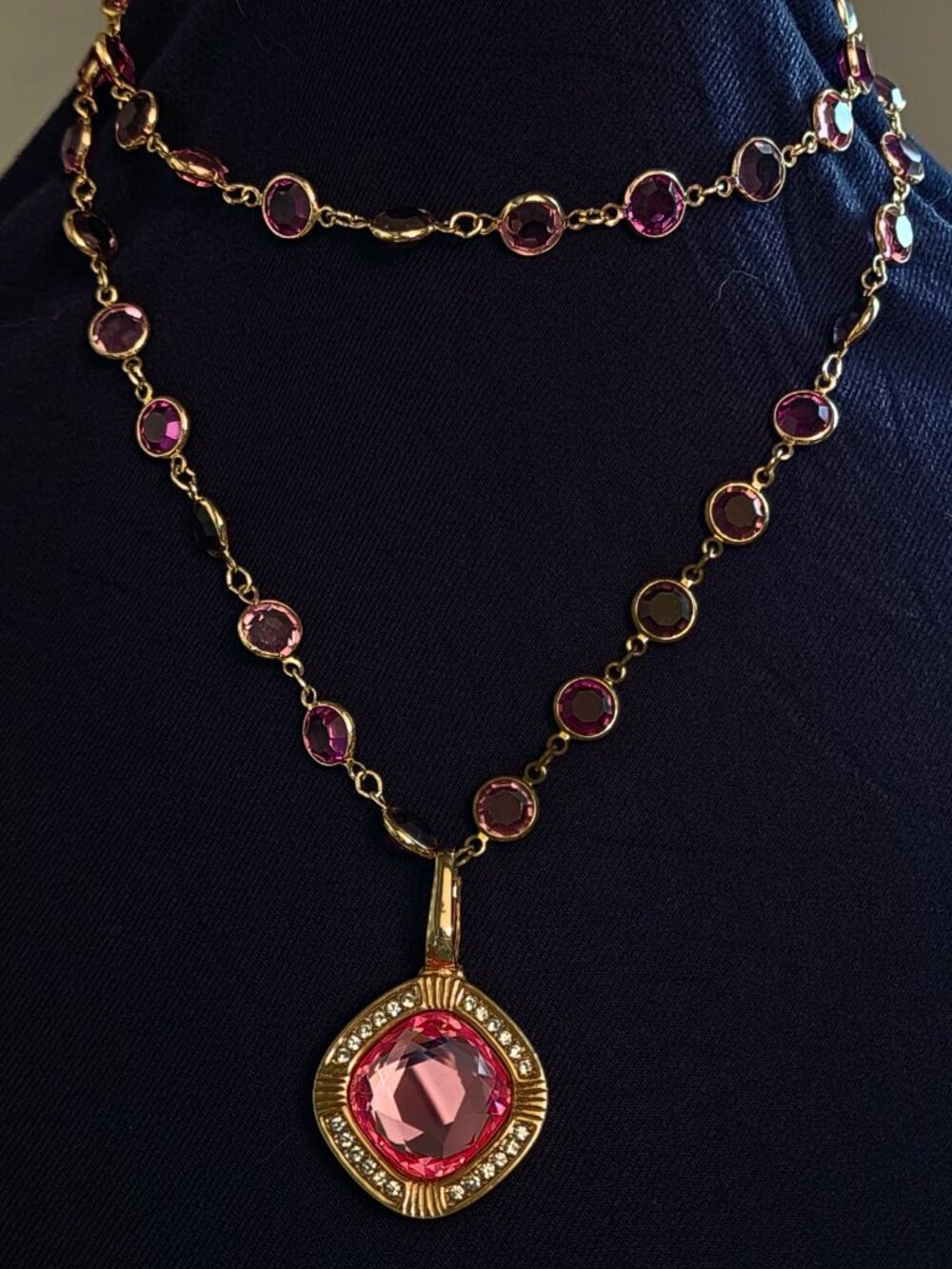 Vintage SALO Swarovski Crystal Necklace Pink Purple Gold Tone Pendant 34"